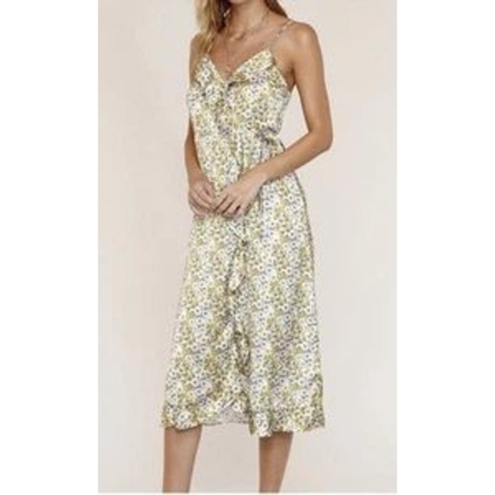 Heartloom Yellow Floral Ruffle Wrap Midi Dress‎ XS Brunch Cottagecore Flower Sun
